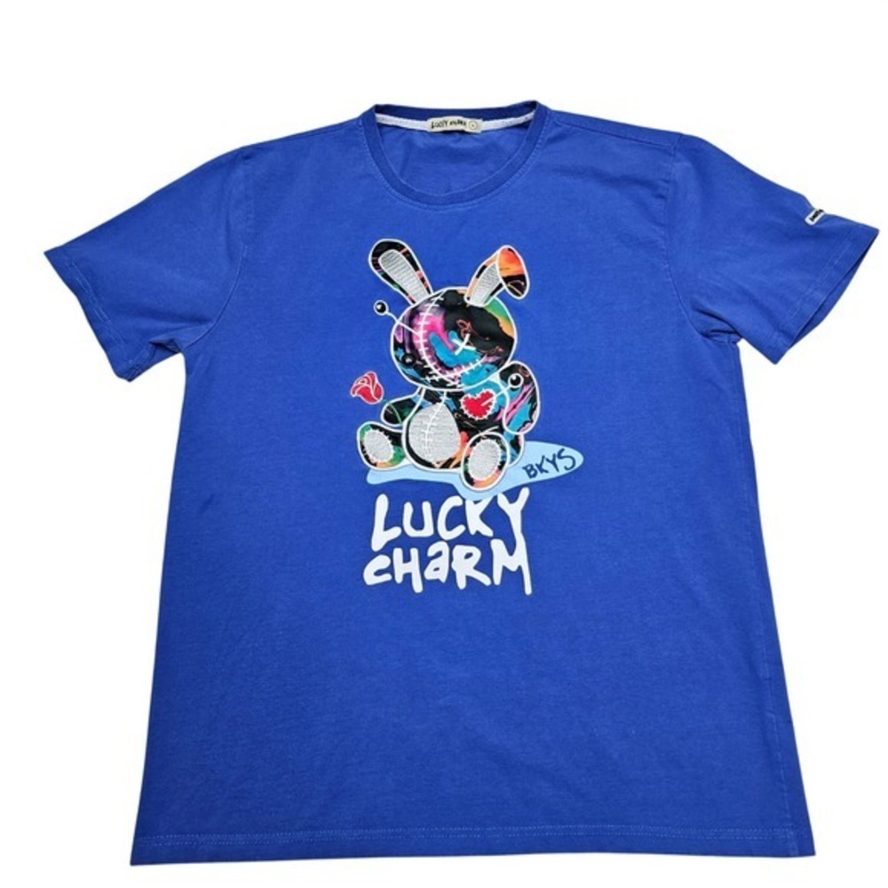 Lucky Charm Graphic T Shirt Blue Silky Bunny Applique Short Sleeve Crew Tee L
